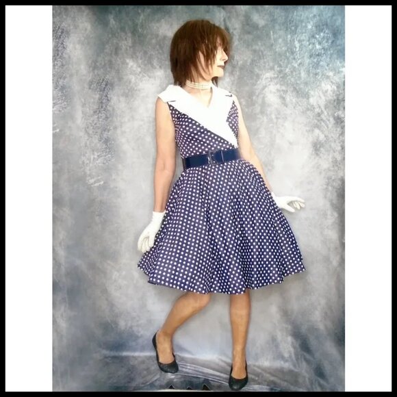 Vintage Polka Dot Jersey Fit Flare Summer Dress AND Belt - Slinky Jersey Knit - Picture 6 of 14